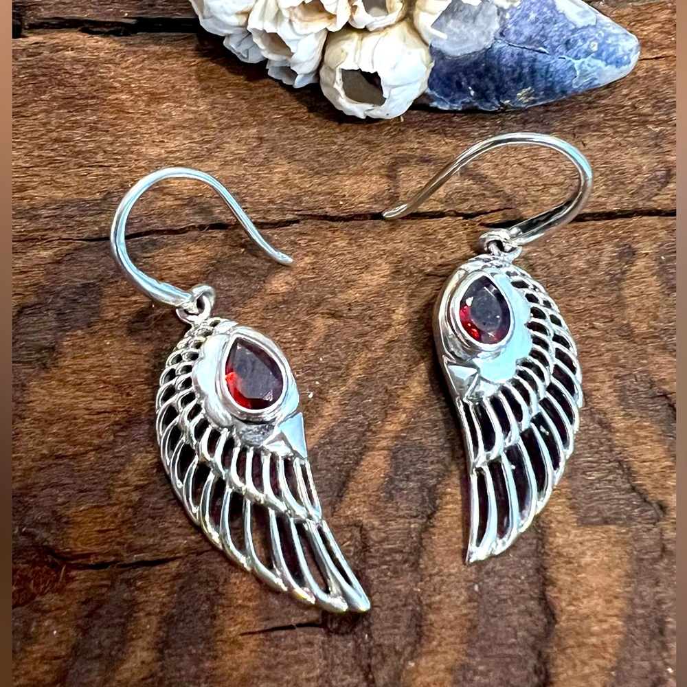 New Bali Earrings Red Garnet Wing Silver Hooks Gem Natural Stone Biker 4 cms NWT
